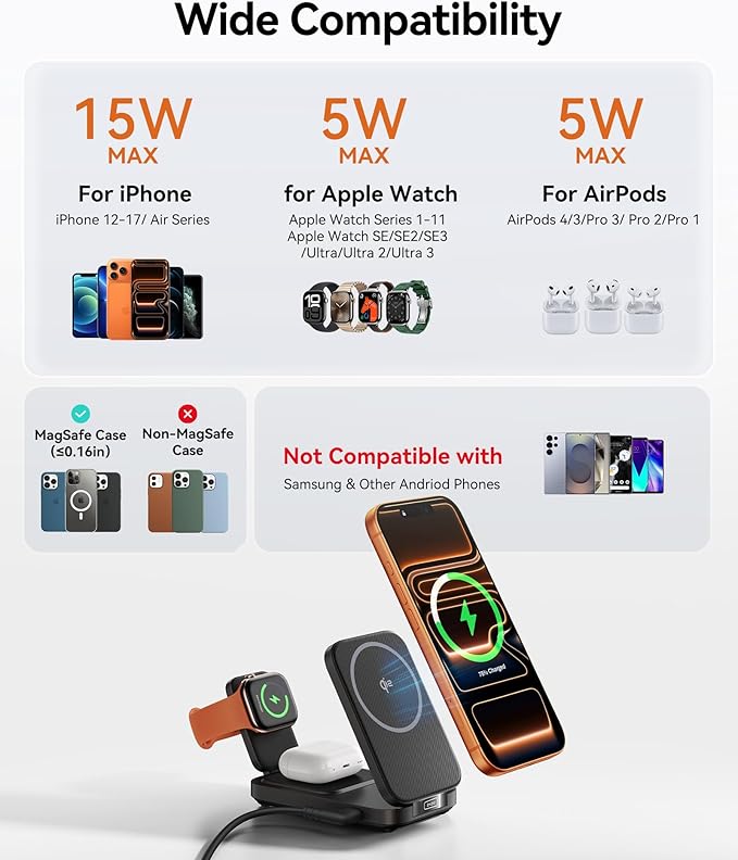 INIU 3 in 1 Wireless Charging Station, Qi2 Certified 15W Travel Charger for Apple Multiple Devices, Foldable Magnetic Wireless Charger Stand for iPhone 17 16 15 14 13 12 Series Apple Watch AirPods