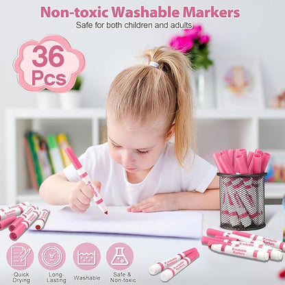 Janlaugh 36 Pcs Pink Washable Markers Bulk Coloring Broad Line Markers for Kids Pink Conical Tip drawing pen for School Supplies, travel Art baby shower gender reveal party Supplies, Ages 6+