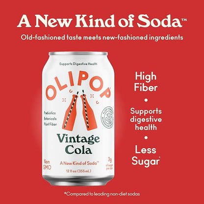 OLIPOP Prebiotic Soda Pop, Vintage Cola, Pantry Pack Packed with Prebiotics, Fiber, and Botanicals, Gluten Free, Vegan, GMO Free, 12oz (12-Cans)