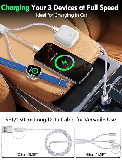 1Pack Multi Charging Cable Cord for Travel Essentials,Apple Watch Charger,iPhone Charger,[3-in-2] Type C/Lightning Cable Portable Designed for iWatch,iPhone 17-8,Galaxy S25-21,AirPods,iPad-1.5M Purple