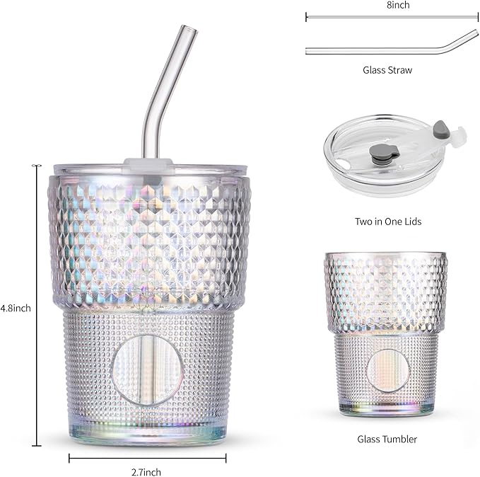 13oz/400ml Glass Water Tumbler with Straw and Lid Sealed Carry On Thick Wall Iced Coffee Cup Glass Cup for Water, Iced Tea Fruit Juice Etc (White-Ribbed)