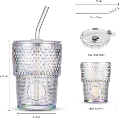 13oz/400ml Glass Water Tumbler with Straw and Lid Sealed Carry On Thick Wall Iced Coffee Cup Glass Cup for Water, Iced Tea Fruit Juice Etc (White-Ribbed)