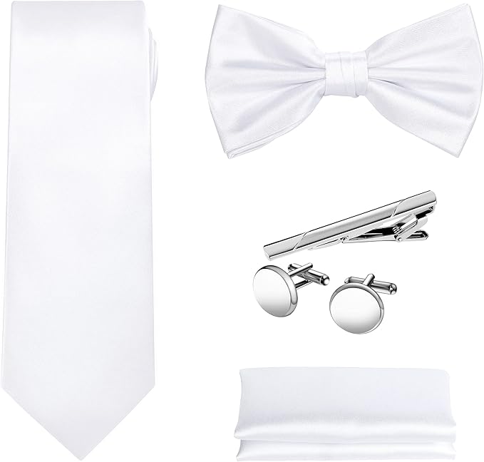 TIE G 5pcs Tie Set in WHITE OR BLACK GIFT BOX: Solid Color Necktie, Satin Bow Tie, Pocket Square, Lapel, Cuff Links