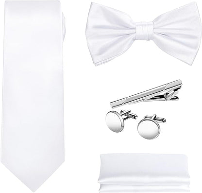 TIE G 5pcs Tie Set in WHITE OR BLACK GIFT BOX: Solid Color Necktie, Satin Bow Tie, Pocket Square, Lapel, Cuff Links