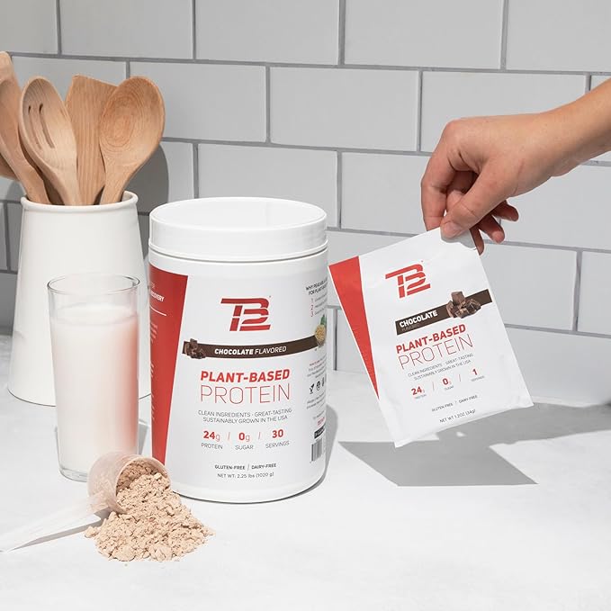 TB12 Plant Based Protein Powder by Tom Brady, 24g of Vegan Pea Protein, Low Sugar, Low Carb, Non-GMO, Meal Replacement, Keto Friendly, Paleo, Sugar Free, Chocolate Flavor (1.12 Ounce / 12 Pack)