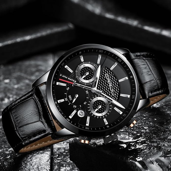 CRRJU Men's Business Casual Chronograph Quartz Waterproof Wristwatch Black Leather Strap