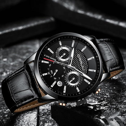CRRJU Men's Business Casual Chronograph Quartz Waterproof Wristwatch Black Leather Strap
