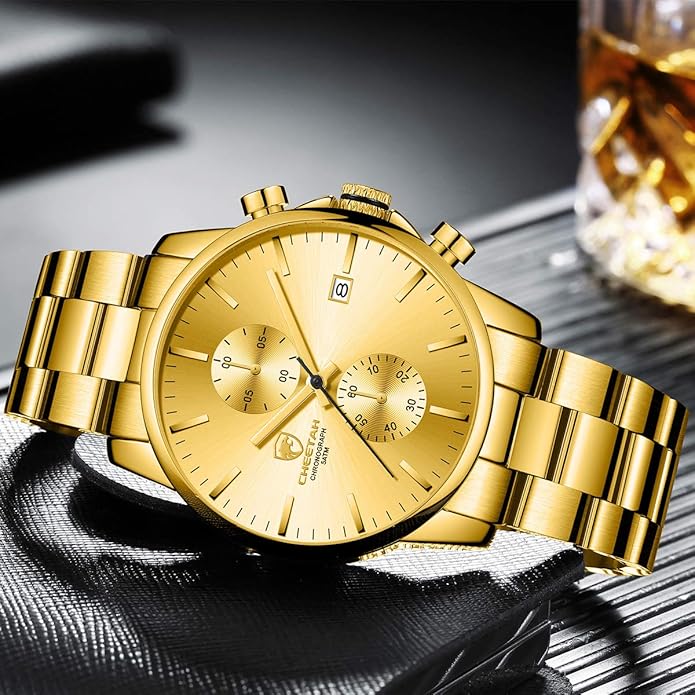 GOLDEN HOUR Fashion Business Mens Watches with Stainless Steel Waterproof Chronograph Quartz Watch for Men, Auto Date
