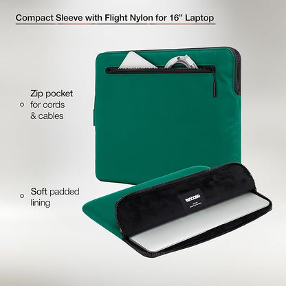 Incase Compact Laptop Sleeve with Flight Nylon - 16 Inch MacBook Pro and Laptop Case – Slim Computer Sleeve with Faux Fur Lining, Front Accessory Pocket with Zipper - Malachite Green