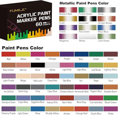 FUMILE Paint Pens paint Markers, 60 Colors Acrylic Paint Marker Pen Set include Metallic Color (12 PCS) and Normal color (48 PCS). Ideal for Rock Wood, Metal, Plastic, Glass, Canvas, Easter egg DIY.