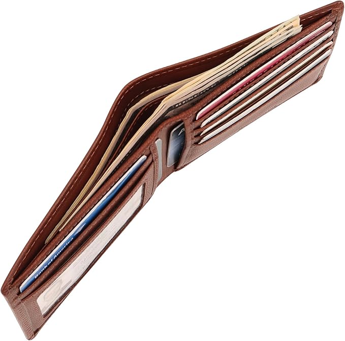 Genuine Leather Bifold Mens Wallet Slim RFID Blocking 5 Credit Card Slots 1 ID Window 2 Sections for Bills 2 Additional Slots | Dark walnut brown