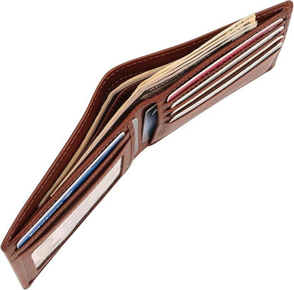 Genuine Leather Bifold Mens Wallet Slim RFID Blocking 5 Credit Card Slots 1 ID Window 2 Sections for Bills 2 Additional Slots | Dark walnut brown
