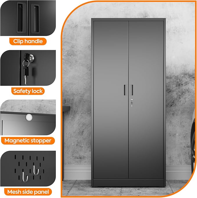 Broom Closet Storage Cabinet with 5 Pegboard, Hanging Rod &13 Hooks, Utility Metal Garage Storage Cabinets with Doors and 4 Shelves for for Garage Home Storage, Black,61.6" Hx27.6 Wx13.8 D