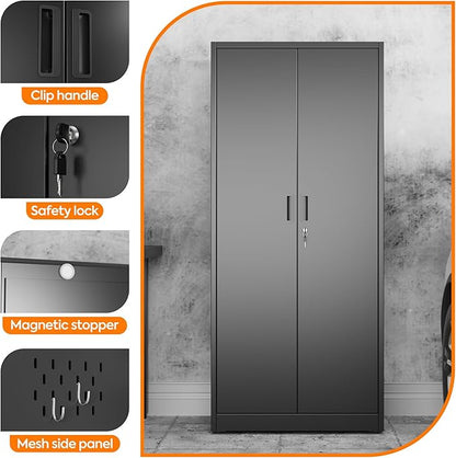 Broom Closet Storage Cabinet with 5 Pegboard, Hanging Rod &13 Hooks, Utility Metal Garage Storage Cabinets with Doors and 4 Shelves for for Garage Home Storage, Black,61.6" Hx27.6 Wx13.8 D