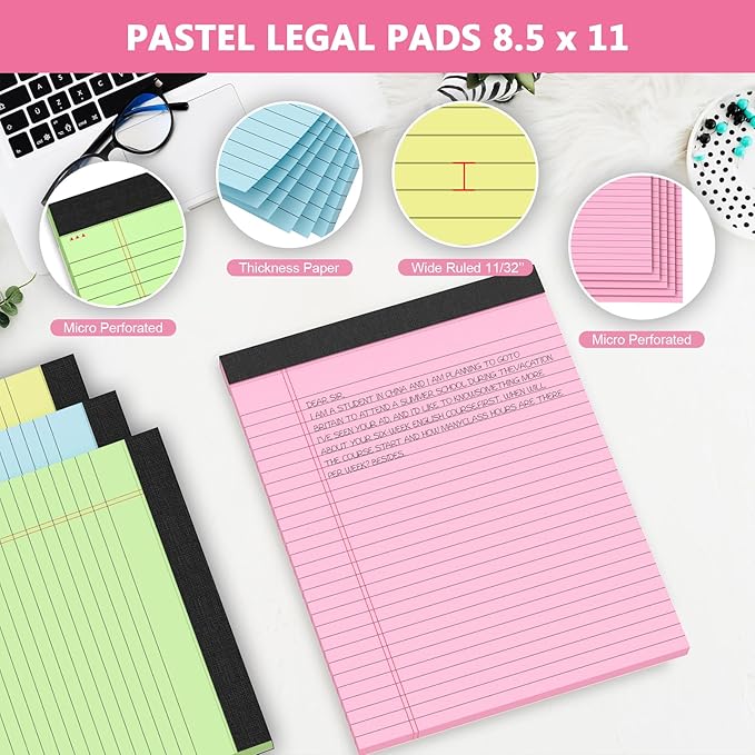 Colored Legal Pads 8.5 x 11 Note Pad, 6 Pack Lined Paper Wide Ruled Notebook Paper, Pink Legal Pad 8.5'' x 11'' Writing Pad, Perforated Pads of Paper Wide Ruled Colored Notepad, 30 Sheets/Pad