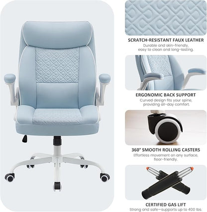 Executive Office Chair, Computer Desk Chair with Lumbar Support,Comfortable Leather Home Office Chairs 400lbs with Padded Flip-up Armrests, Adjustable Height, LightBlue