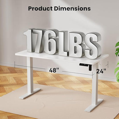 48x24 Inches Height Adjustable Electric Standing Desk with 2 Hooks for Home Office, Ergonomic Sit Stand up Desk with Splice Board, White
