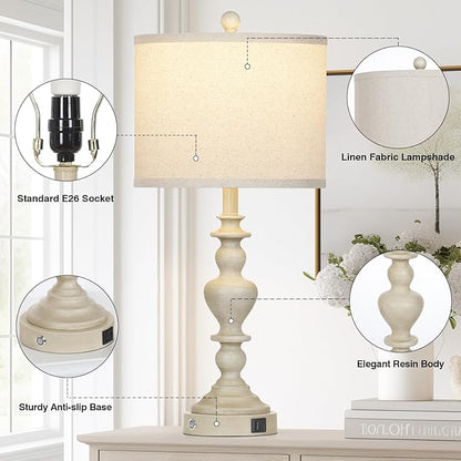 27" Farmhouse Lamps Set of 2 with USB C+A Charging Ports, Vintage Rustic Touch Control Table Lamp for Living Room, 3-Way Dimmable Traditional Nightstand Bedside Lamp for Bedroom Resin Washed Beige