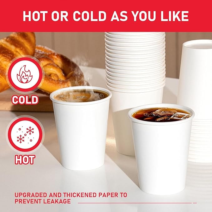 100 Pack 8 oz Paper Cups, Disposable Coffee Cups, White Hot/Cold Beverage Drinking Cups for Water, Coffee, or Juice, Perfect for office, Party, Home