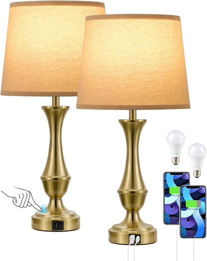 Seealle Upgraded Touch Lamps for Night Stands Set of 2 - Bedside Lamps with USB C+A, 3 Way Dimmable for Bedroom Living Room End Tables Office (Oat Shade&Coppery Base)