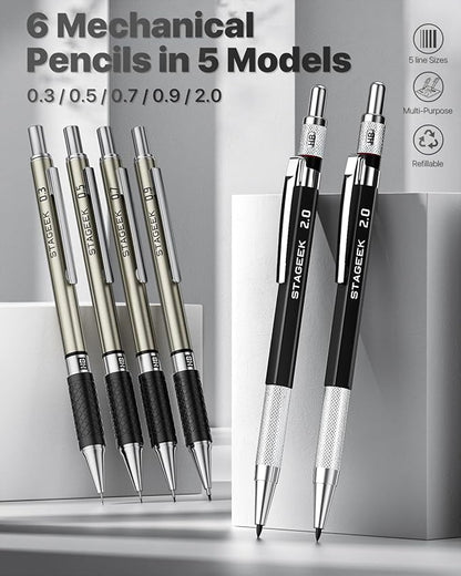 37PCS Art Mechanical Pencil Set, Drafting Pencil 5 Sizes- 0.3, 0.5, 0.7, 0.9MM & 2PCS 2.0MM Mechanical Drawing Pencils with 492PCS Leads (6B 4B 2B HB 2H 4H Color) for Artist Sketching Drawing