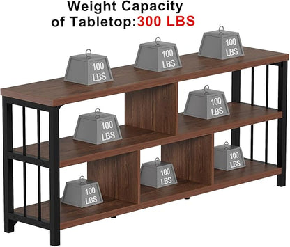 IBF Long Bookshelf, 63” Wide Low Open Book Shelf, Industrial 5 Cube Horizontal Bookcase for Bedroom Home Office, 3 Tier Wood Metal Cubby Storage Organizer Shelf for Living Room, Walnut, 63 Inch