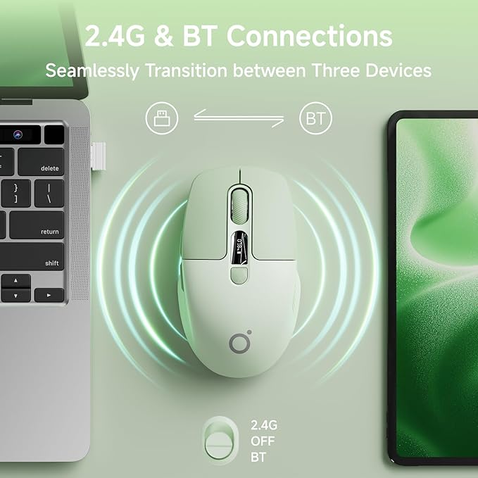 EWEADN Q1 Wireless Mouse, Bluetooth & 2.4G Silent Mouse Quiet Click with 3 DPI Levels, Battery & DPI Smart Display, 6 Button Small Portable Cordless Mice for Laptop/PC/Mac-Green