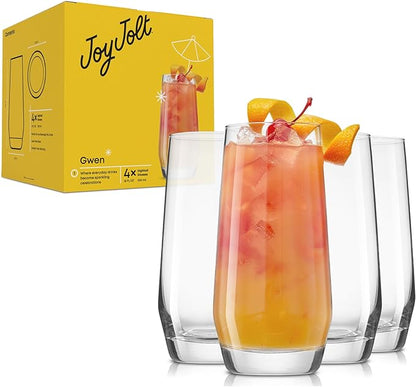 JoyJolt Gwen 18.5 oz Highball Glasses, 4pc Tall Glass Sets. Lead-Free Crystal Glass Drinking Glasses. Water Glasses, Mojito Glass Cups, Tom Collins Bar Glassware, and Mixed Drink Cocktail Glass Set