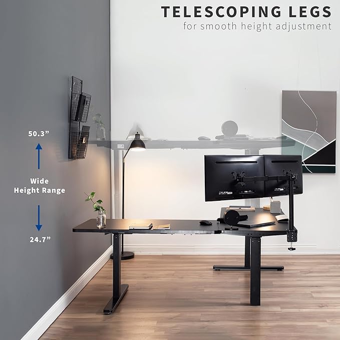 VIVO Electric Height Adjustable 67 x 60 inch Corner Stand Up Desk, 2 Black Solid Table Tops, White Frame, Memory Controller, L-Shaped Workstation, 3E Series, DESK-KIT-3E6WB