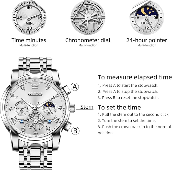 OLEVS Men Silver Watches,Men's Stainless Steel Chronograph Watch,Man Analog Quartz Big Face Male Watches Luxury Waterproof Roman Numeral Dress Diamond Relojes para Hombre