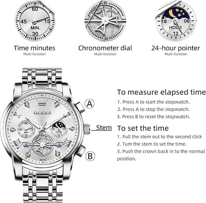 OLEVS Men Silver Watches,Men's Stainless Steel Chronograph Watch,Man Analog Quartz Big Face Male Watches Luxury Waterproof Roman Numeral Dress Diamond Relojes para Hombre