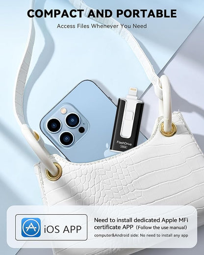 MFi Certified 256GB Flash Drive for iPhone iPad, Photo Stick for External Memory Storage, Easily Back Up and Save Photos Videos, USB Memory Stick Thumb Drive for iPhone/iPad/Android/PC (Black, 256GB)