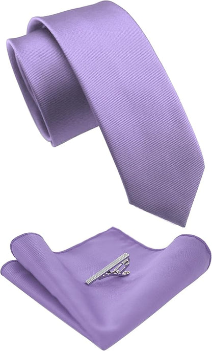 JEMYGINS 2.4" Solid Color Skinny Tie and Pocket Square with Tie Clip Sets for Men (6cm)