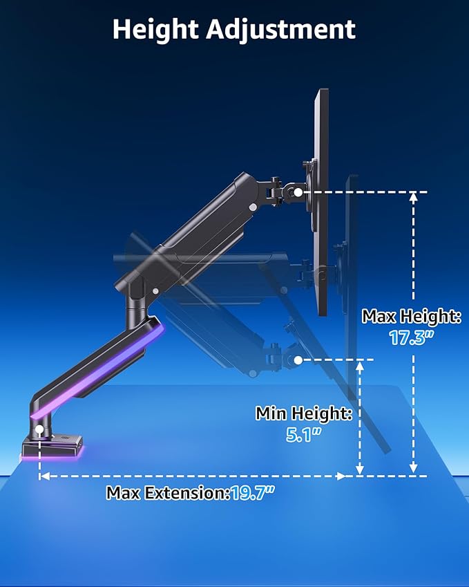 MOUNTUP RGB Single Monitor Arm Fits 32 27 24 22 inch, Holds 4.4-22lbs Screens, Monitor Stand for Desk with RGB Lights, 19 Modes, Computer Monitors Desk Mount, VESA Mount with Clamp & Grommet Bases