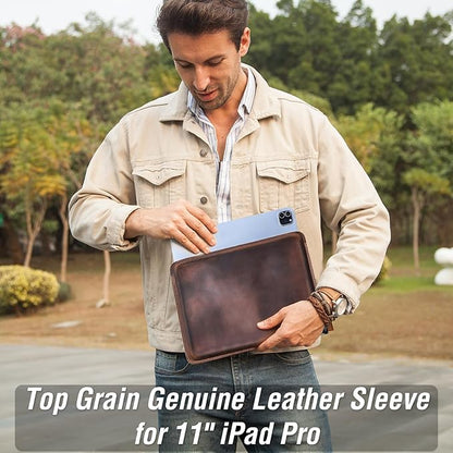 Top Grain Leather 11" Sleeve Slim Protector Case for Tablet, Solid Vintage Design, Fully Handmade, Compatible with 10.5"/10.9"/11" iPad Pro/Air, 10.2" iPad 7th/8th/9th Gen, Coffee 11 Inch
