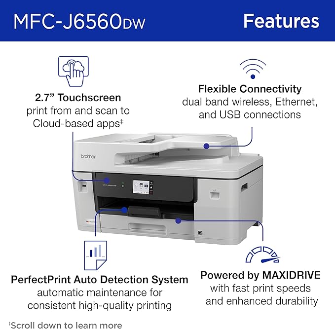 Brother INKvestment 6560 Wireless Color Inkjet All-in-One Printer with 11”x17” Capabilities and 2.7” Color Touchscreen | Includes Refresh Subscription Trial(1) (MFC-J6560DW)