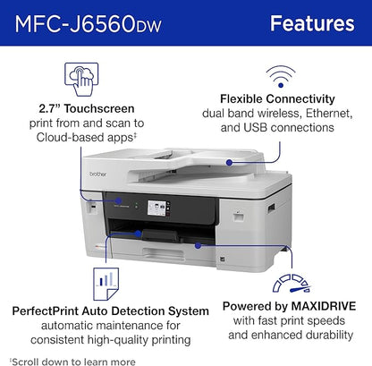 Brother INKvestment 6560 Wireless Color Inkjet All-in-One Printer with 11”x17” Capabilities and 2.7” Color Touchscreen | Includes Refresh Subscription Trial(1) (MFC-J6560DW)