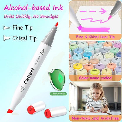 Caliart Markers, 100 Colors Dual Tip Art Markers Sketch Pens Permanent Alcohol Based, with Case for Adult Artist Halloween Drawing Sketching (White Barrel)