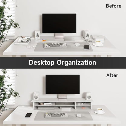 Fenge Monitor Stand, Dual Monitor Riser, 42.5inch Large Desk Computer Monitor Stand Riser with Drawer, 2 Tier Wood & Acrylic Desktop Organizer for Computer, Laptop, Printer, TV Screen Riser
