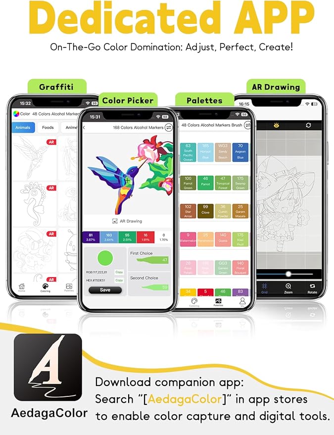 YHC 48 Alcohol Brush Marker with Free App, Chen Rui Dual Tips Art Markers for Adults, Alcohol Based Brush & Chisel Tips Markers for Drawing, Coloring, Painting, Sketching