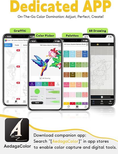 YHC 48 Alcohol Brush Marker with Free App, Chen Rui Dual Tips Art Markers for Adults, Alcohol Based Brush & Chisel Tips Markers for Drawing, Coloring, Painting, Sketching