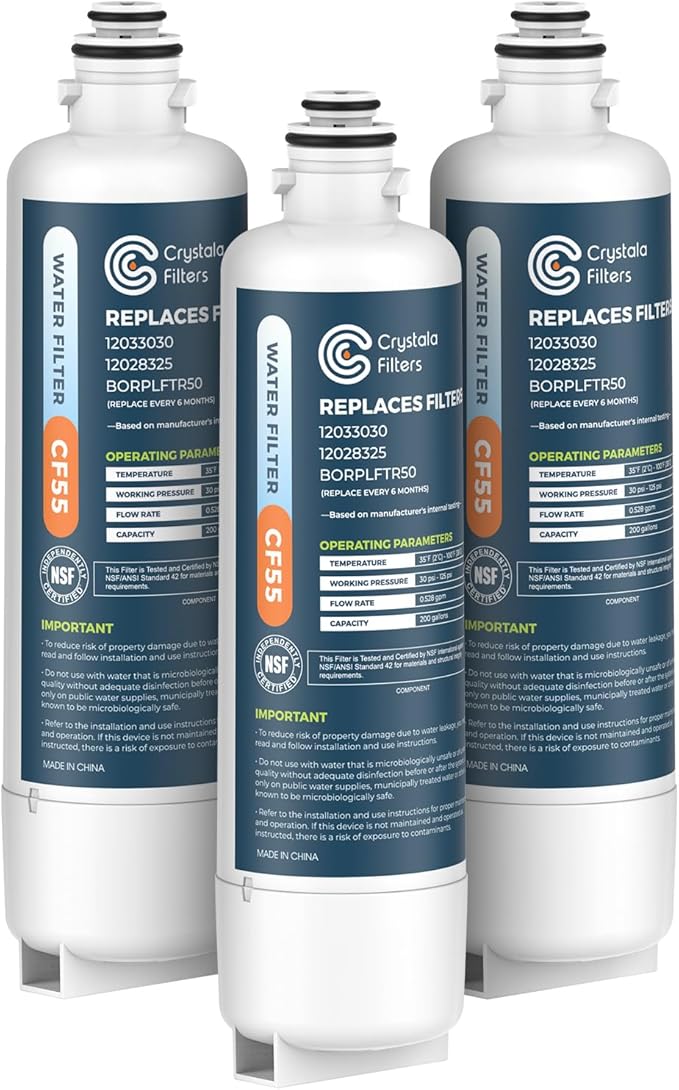 Crystala Filters Replacement for Bosch Ultra Clarity Pro Water Filter, Compatible with BORPLFTR50, 12033030, 11025825, 12028325, BORPLFTR55, WFC100MF, WFS200MF (3 Pack)