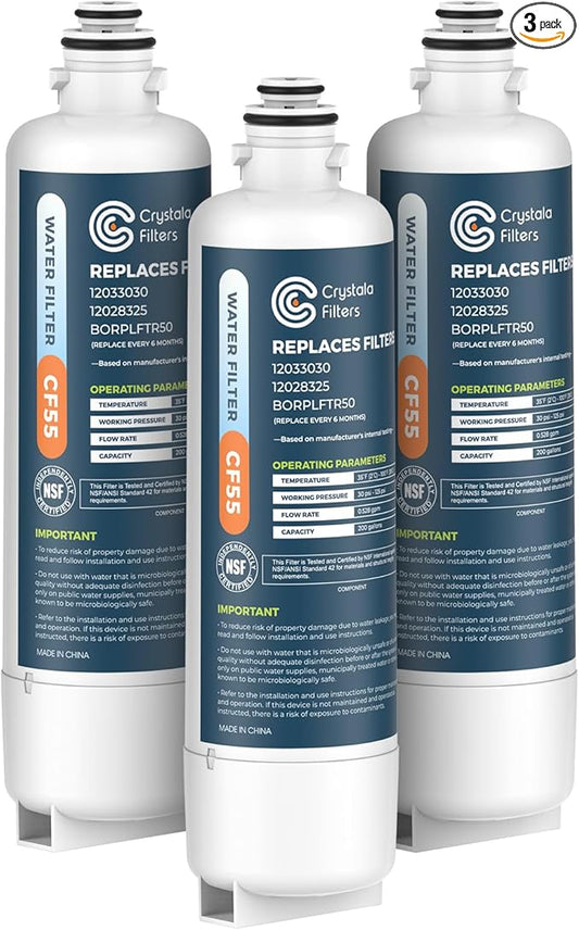 Crystala Filters Replacement for Bosch Ultra Clarity Pro Water Filter, Compatible with BORPLFTR50, 12033030, 11025825, 12028325, BORPLFTR55, WFC100MF, WFS200MF (3 Pack)