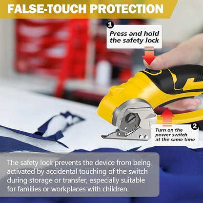 Cordless Electric Scissors, 4V Box Cutter & Cardboard Cutter with Upgrade Blade, LED Light, Safety Lock - Rechargeable Rotary Cutter for Fabric, Leather, Plastic, Crafting, Sewing, Industrial (Yellow)
