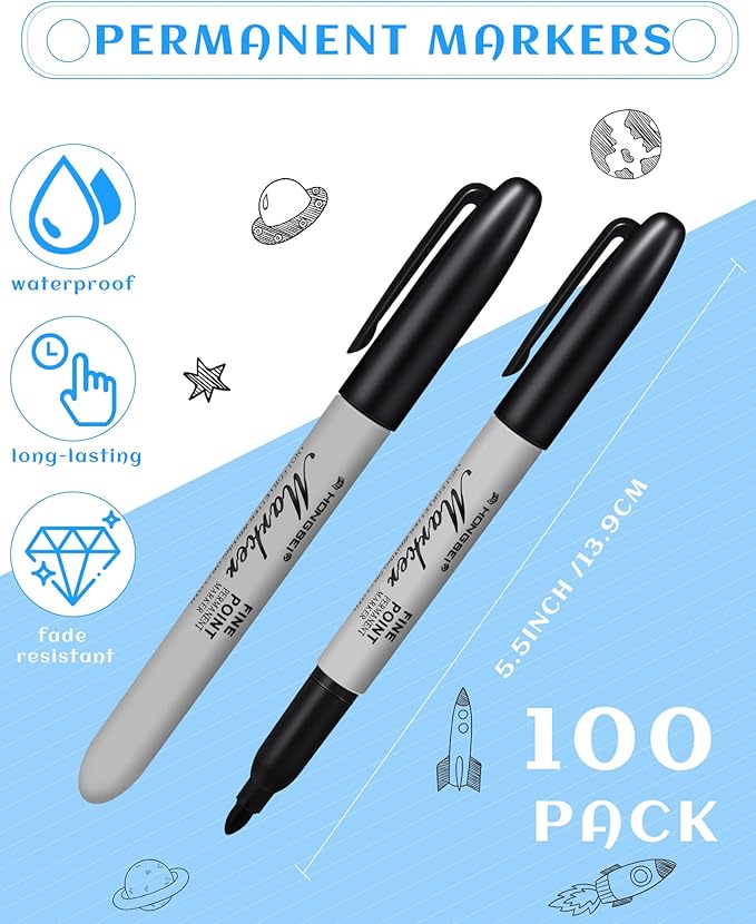 Thenshop 100 Pack Black Permanent Markers Bulk Fine Tip Permanent Marker Set Quick Drying Fine Point Pens for Classroom, Office, Home, Work on Wood, Metal, Stone, Glass, Christmas Office Gifts