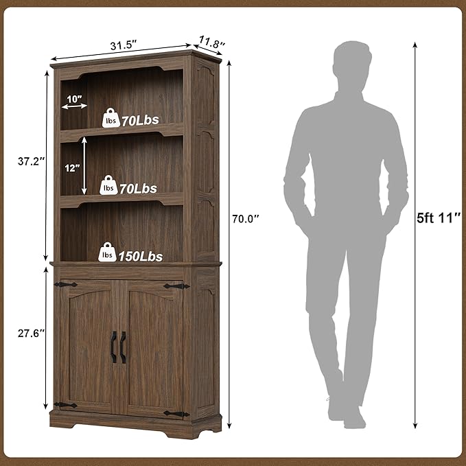 Tall Bookcase, 70 inch Height, 5-Tier Open Storage Shelf, 31.5 in Wide Standing Bookshelves for Home, Office, Bedroom, School, Library, 31.5W * 11.81D *70H (Walnut, Wooden Door)