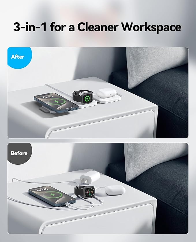 3 in 1 Charging Station for Apple Multiple Devices, Foldable Magnetic Fast Wireless Charger Dock, Travel Charging Pad for iPhone 17 16 15 14 13 12 Pro Max Plus Apple Watch Series & AirPods 4/3/2/Pro