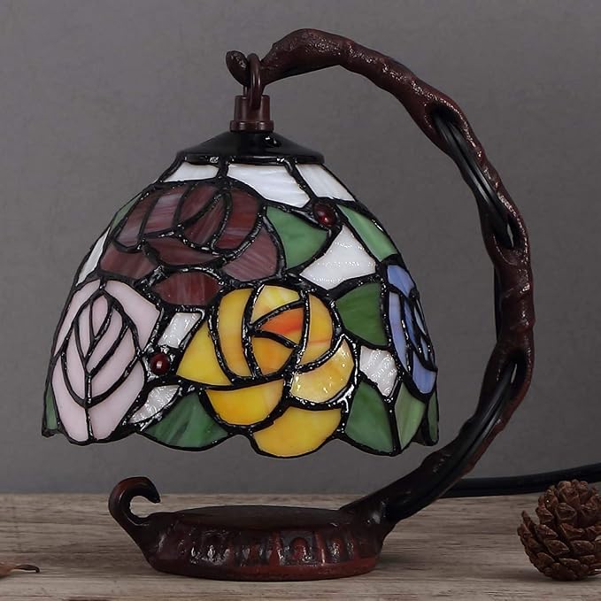 Bieye L10036 Rose Tiffany Style Stained Glass Table Lamp with 6-inch Wide Lampshade Hanging on The Cast Iron Base (Pink)