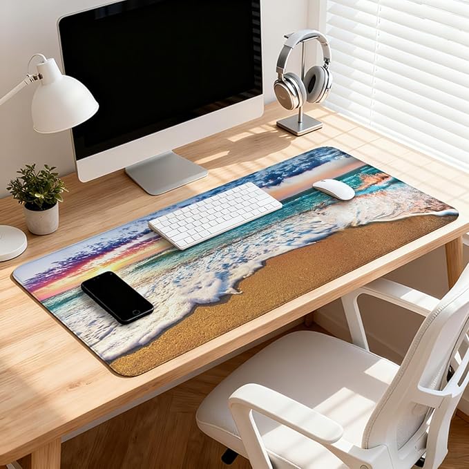 Sea and Beach Patterns Desk Mat, Large Gaming Mouse Pad Non-Slip Rubber Base with Stitched Edges, Waterproof Protection for PC Laptop Home Office Desk Decor (35.4x15.7in)