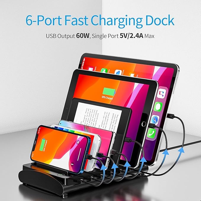 Charging Station for Multiple Devices, Bototek 60W 6 Ports Multi Charger Station for iPhone, iPad, Cell Phone, Tablets, and Other Electronics (6 Ports-Black)